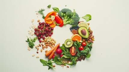 Wall Mural - A vibrant circle of fresh, colorful vegetables arranged artistically on a white background, highlighting healthy eating and natural produce.