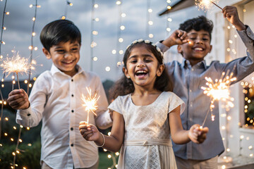 Indian children celebrating Diwali with sparklers. Diwali Indian festival of lights and happines. 