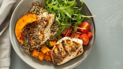 Wall Mural - A healthful bowl features grilled chicken atop a mix of quinoa, roasted pumpkin, arugula, and fresh vegetables, exemplifying a balanced and colorful meal.