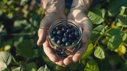 Canvas Print - Hands holding a jar filled with fresh blueberries against a background of lush green foliage in a garden.