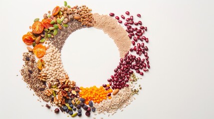 Poster - A symphony of seeds, grains, nuts, and fruits arranged in a semi-circle on a white background, showcasing the diversity of wholesome, plant-based foods.