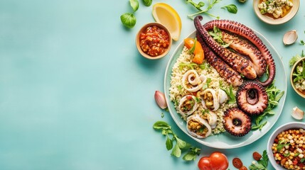 Wall Mural - A colorful seafood platter featuring octopus, rice, and various side dishes.