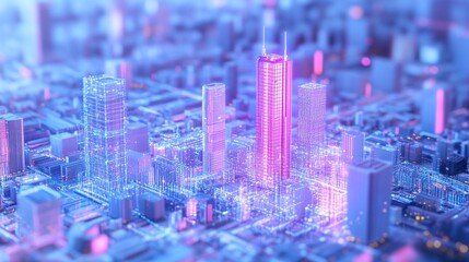 Wall Mural - Futuristic city skyline with neon lights, vibrant colors, and detail.