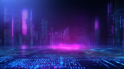 Wall Mural - Futuristic city with neon lights and digital effects