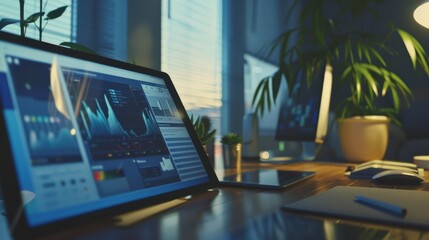 Sticker - A sleek office setup featuring dual monitors displaying data analysis, bathed in natural light from the window, surrounded by potted plants.