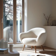 A white chair with a brown frame sits in front of a window. A vase is on a table next to the chair