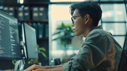 a focused programmer works at his desk in a well-lit office, immersed in coding and surrounded by mo