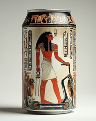 Ancient Egypt style beer can with the design of an ancient Egyptian man riding a scooter, against a white background, with ancient Egyptian art in relief on the top