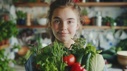 Wall Mural - A young girl holding a large assortment of fresh vegetables and herbs, beaming with pride and joy in a cozy kitchen space.