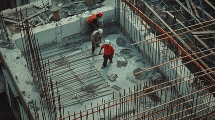 Construction workers labor on a building site, surrounded by steel rods and concrete, capturing the essence of industrial development and human effort.