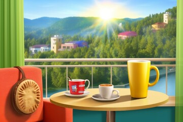 Awakening to a vibrant morning a scenic landscape with steaming coffee in golden sunlight