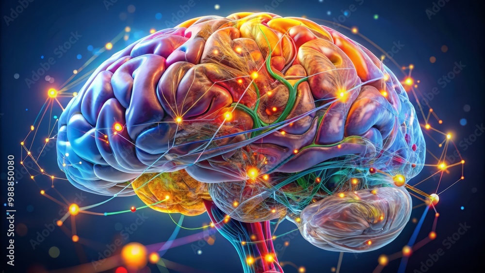 A human brain, with bright colors and clear labels, highlighting the ...