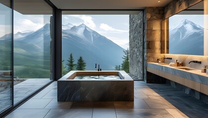 Wall Mural - Serene Modern Bathroom Retreat with Stunning Mountain Views and Luxurious Natural Stone Finishes