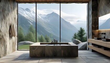 Wall Mural - Serene Modern Bathroom Retreat with Stunning Mountain Views and Luxurious Natural Stone Finishes