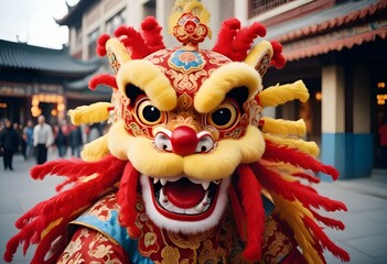 A colorful Chinese lion dance costume with a red and gold headdress, large eyes, and intricate patterns