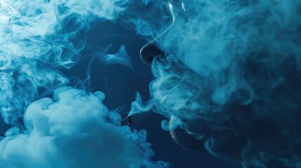 Vapor Background. Man Smoking Cigarette in Dark Blue Cloud of Vapor