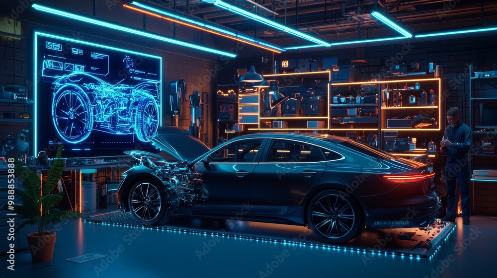 A modern workshop featuring a sleek car with an illuminated design ...