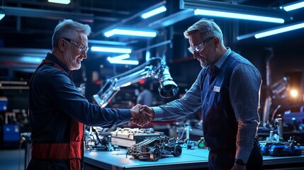 Wall Mural - Two mechanics shake hands in a modern workshop, surrounded by tools and machinery, illustrating teamwork and collaboration in automotive repair.