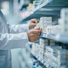 Close up of a pharmacist hands stacking medication box in a row at the pharmacy - Health care and medicine concept - Model by AI generative