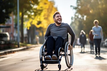 Poster - A happy man disability ridding in wheelchair transportation automobile clothing.