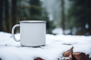 Wall Mural - Enamel coffee cup  mug winter forest.