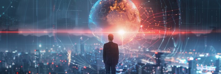 Businessman and digital world AI robot technology. Business finance investment with big data technology concept cyber space digital world metaverse background