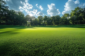 Wall Mural - Serene Golf Course Landscape: Lush Green Fairways Under a Clear Blue Sky with Fluffy White Clouds