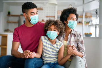 Family is wearing facemasks during coronavirus and flu outbreak. Virus and illness protection, COVID