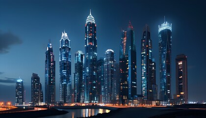 Wall Mural - illuminated skyline of towering skyscrapers under the night sky