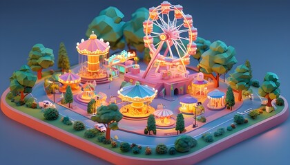 Wall Mural - Vibrant isometric 3D illustration of a cheerful daytime amusement park with playful elements and soft lighting in a low poly design