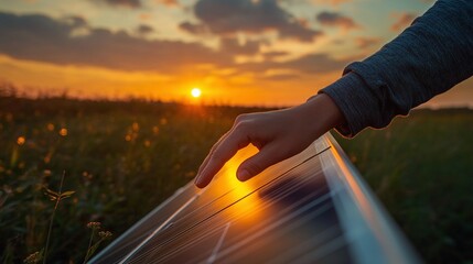 Wall Mural - gentle touch of a human hand on a solar panel during sunset, showcasing the renewable energy potential and innovation in sustainable technology for the future