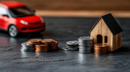 Wall Mural - Close-up of stacked coins, wooden house model, and blurred car, symbolizing financial planning for home ownership and auto expenses.