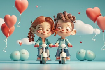 Cartoon boy and girl riding scooter together. Valentines day concept. 3d render