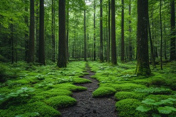 Wall Mural - Enchanted Wilderness: Exploring the Majestic Tall Green Trees of a Thick Forest