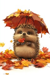 hedgehog holding autumn leaf under umbrella, surrounded by fall foliage, autumn setting, seasonal co