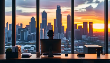 Wall Mural - Dynamic Urban Workspace: Cheerful Businessman Engaged with Computer Against Striking City Skyline