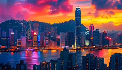 Wall Mural - Neon-lit cityscape with towering skyscrapers illuminated against a stunning sunset sky