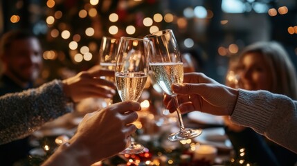 image shows two hands holding glasses of red wine, clinking together in festive toast against backdr