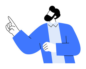 A man with a beard, short hair, and a blue suit points upward with one finger, suggesting focus or direction. Ideal for business presentations, instructional guides, advertisements, website illustrati