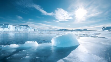 Arctic landscape with ice blocks and glaciers under a bright blue sky, showcasing a minimalist scene with geometric shapes and a tranquil atmosphere in high contrast.