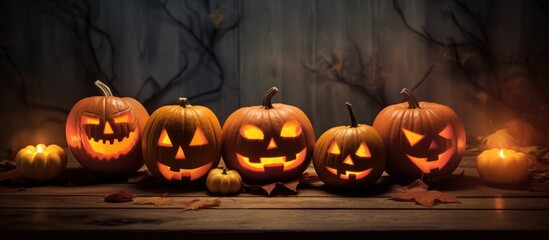 Wall Mural - Spooky Halloween Jack-o'-Lanterns on a Rustic Wooden Table