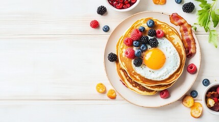 Wall Mural - A delicious breakfast plate featuring pancakes, berries, bacon, and a fried egg.