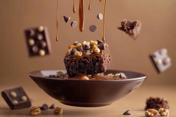 Wall Mural - A delicious brownie topped with caramel, chocolate chips, and walnuts in a bowl.