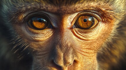 Wall Mural - close-up of a wild monkey with expressive eyes and detailed fur, illuminated in natural light, captu