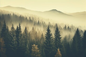 Sticker - Photo of misty landscape with fir forest in vintage retro style background scenery nature.