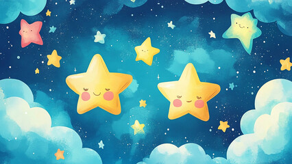 Starry Friends Wonderland, Brighten up any room with this charming wallpaper featuring adorable cartoon-style stars in a playful wonderland.