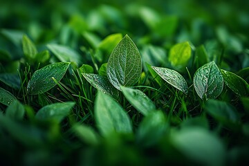 Wall Mural - Lush green leaves with droplets on grass, showcasing nature's beauty.