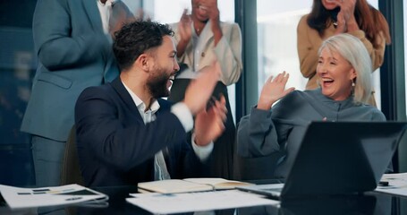 Poster - Business people, celebration and clapping with laptop in office for audit success and regulatory compliance achievement. Applause, high five and team by accounting firm with good news and recognition