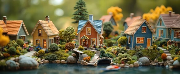 charming neighborhood of diverse architectural styles each house a unique miniature world floating islands connected by rainbow bridges whimsical details and hidden surprises