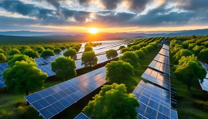 Sustainable harmony of trees flourishing alongside solar panels